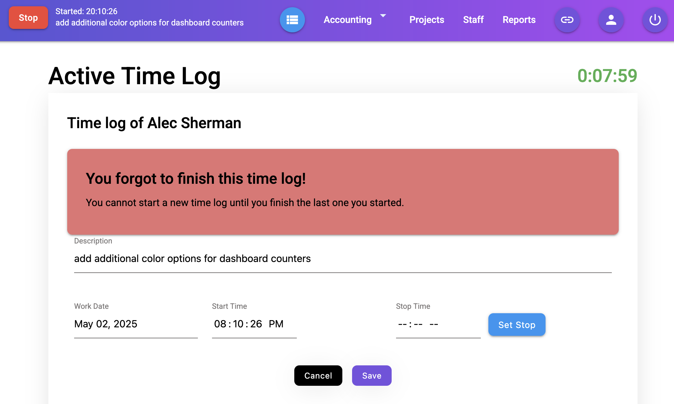 Cannot start more than one time log