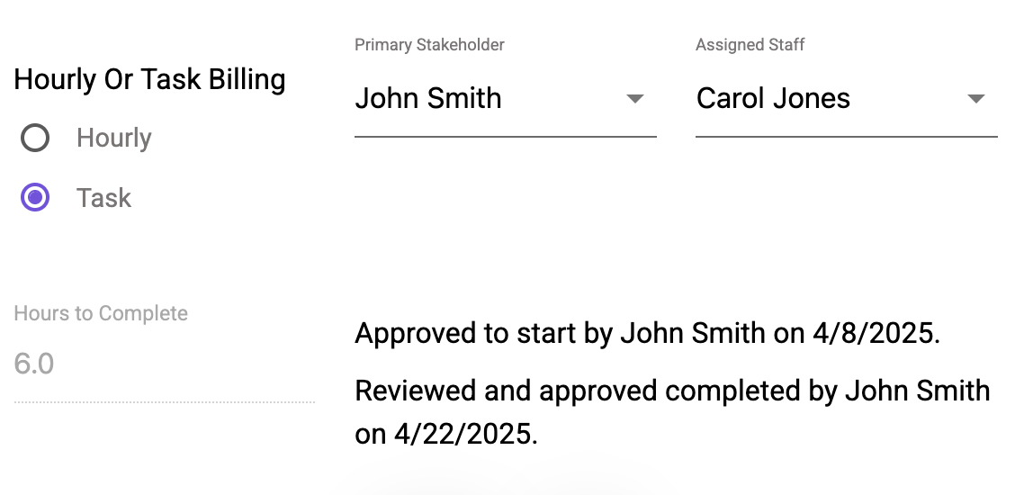 Tracks when manager approves start and completion
